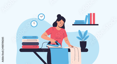 Diligent woman ironing clothes on a board in her living room, efficiently managing her time and household chores throughout the day.