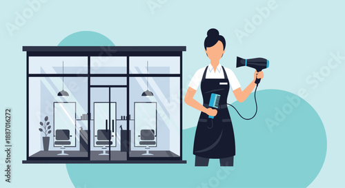 Professional female hairdresser holding styling tools stands proudly in front of her modern and stylish beauty salon, ready to welcome clients.