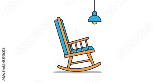 Simple illustration of a wooden rocking chair with blue cushions positioned under a hanging lamp, evoking a sense of calm and relaxation.