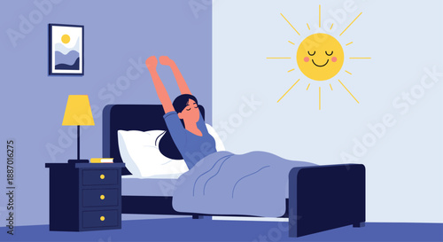 Young woman waking up in the morning, stretching in her bed as the happy smiling sun shines through the window, signaling a beautiful new day.