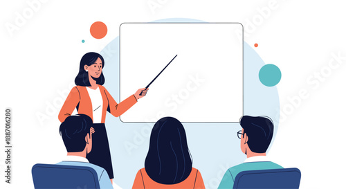Female teacher or business coach giving a presentation to an audience, pointing to a blank white board for custom text or graphics.