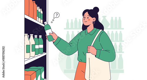 Young woman shopping in a supermarket, looking at a bottle with a question mark, deciding which product to buy from the shelf.