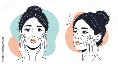 Illustration showing a woman's face with wrinkles and signs of aging, expressing concern and stress about her skin's appearance.