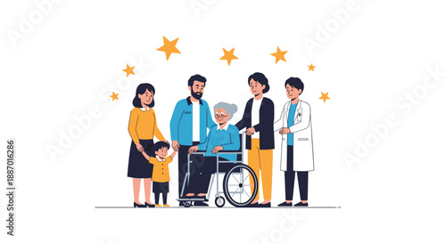 Caring family and a doctor standing with a senior woman in a wheelchair, illustrating comprehensive healthcare support for the elderly.