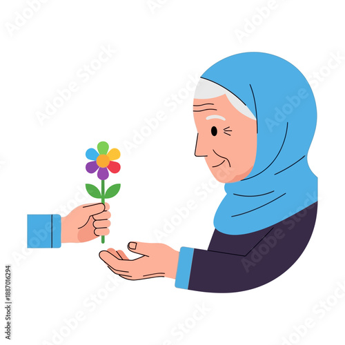 Elderly Woman Receiving Colorful Flower Gift.