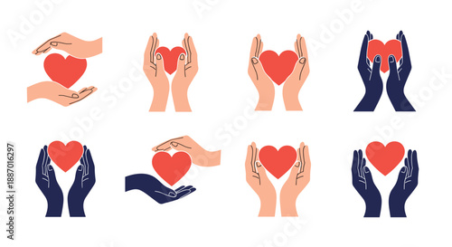 Set of diverse hands holding and protecting a red heart, symbolizing love, charity, donation, and interracial kindness and support.