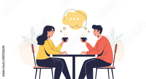 Young couple sitting at a table in a cafe, enjoying a coffee date and having a pleasant conversation with a shared thought bubble.