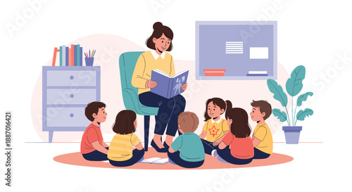 Female teacher or librarian sitting in a chair and reading a storybook aloud to a diverse group of young children sitting on the floor.