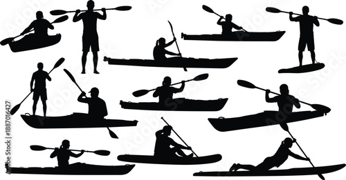Set of kayaking and paddleboarding silhouettes showing people paddling in different water sport poses, isolated on white background for adventure, outdoor recreation