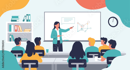Female professor pointing to a diagram on a whiteboard while teaching a lesson to university students in a modern lecture hall.