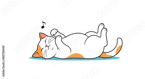Adorable cartoon cat sleeping soundly on its back, drooling and humming a tune represented by a musical note illustration.