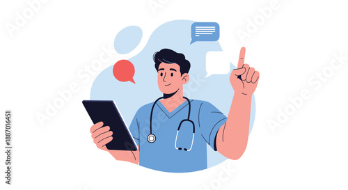 Male doctor or nurse in scrubs with a stethoscope holding a tablet and providing medical advice online with speech bubbles.