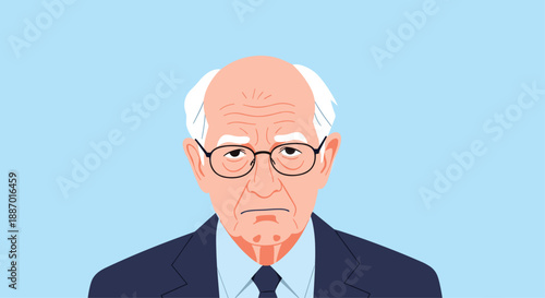 Close-up portrait illustration of a serious-looking elderly man with white hair, glasses, and wearing a formal suit and tie.