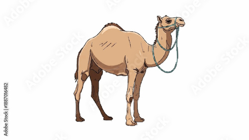 A full-body illustration of a brown dromedary camel with one hump, shown standing in profile with a simple rope halter, isolated on a clean white background.