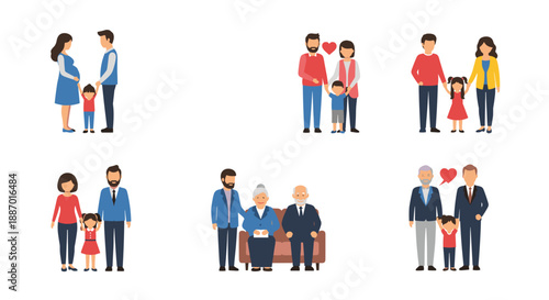 Collection of six diverse family illustrations, including a pregnant couple, same-sex parents, and multi-generational groups.