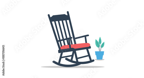 Simple flat design illustration of a dark wooden rocking chair with a red cushion, next to a small potted plant.