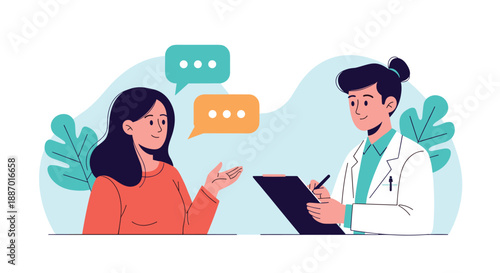 Female doctor or therapist listening to a patient and taking notes on a clipboard during a medical consultation or therapy session.