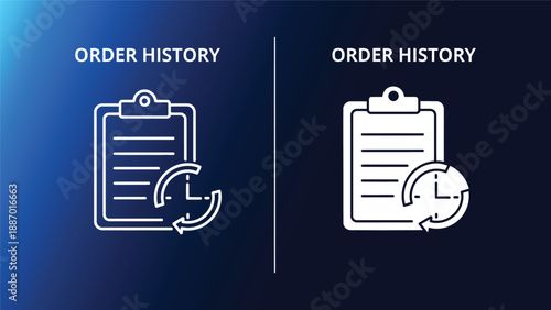Order history icons with clipboard and clock on blue and black background