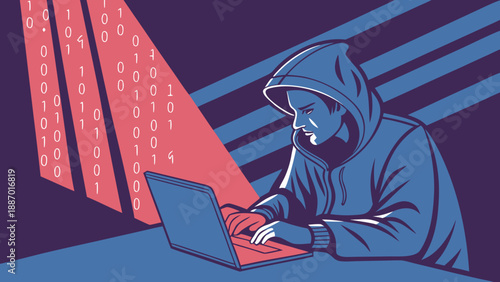 "A mysterious hooded hacker working on a computer in a dark room, low-key lighting with blue and red neon tones, abstract digital data patterns and flowing binary code in the background, cybersecurity