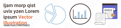 Business management, data analysis, finance planning, accounting, reports, finances. Pie chart, bar graph and invoice document set. Business management and data analysis concepts