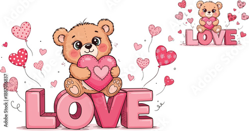 Adorable cartoon teddy bear character hugging a large pink heart while sitting atop dimensional love letters on transparent background