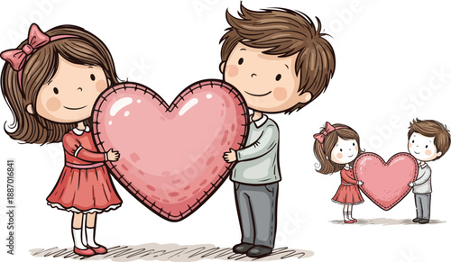 Adorable cartoon couple sharing a large stitched pink heart representing enduring love and romantic affection on transparent background