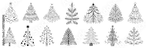 Collection of 15 hand-drawn Christmas tree illustrations with intricate details in black ink on a white background, festive holiday vector icons.
