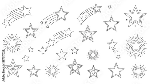Extensive set of monochrome star and sun icons featuring shooting stars, celestial patterns, and radiant light bursts in line art.