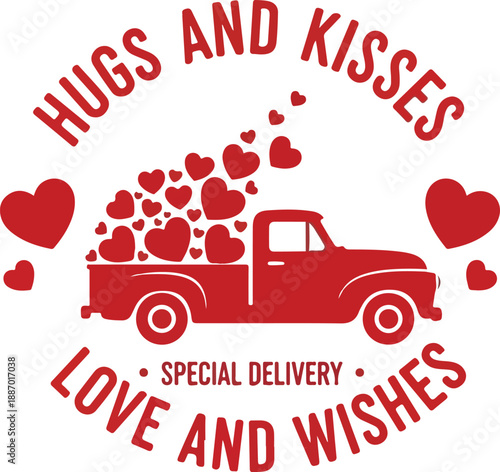 Rustic vintage pickup truck delivering a large overflowing cargo of floating hearts for a special love and wishes delivery on transparent background