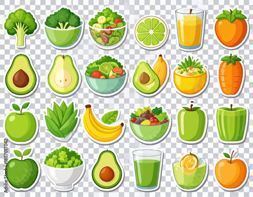 Assorted fresh fruits and vegetables in bowls and glasses, showcasing healthy eating, nutrition, and wellness from a top-down perspective