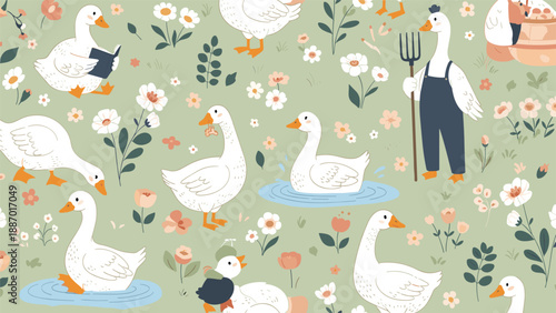 Seamless pattern featuring cute white geese engaged in various activities like reading and swimming among delicate flowers.