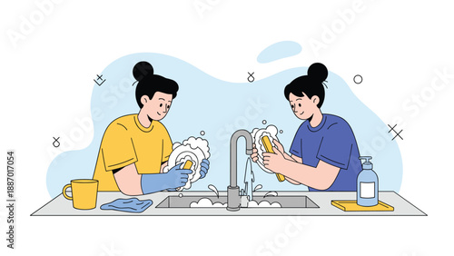 Two cheerful women working together to wash and dry dishes at a kitchen sink in a modern and clean domestic setting.