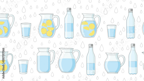 Refreshing seamless pattern showcasing glass pitchers, water bottles, and glasses filled with clear water and lemon slices on white.