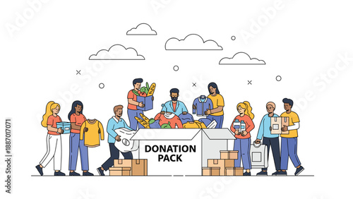 Group of diverse volunteers packing large cardboard boxes with food and clothing for a community donation and charity event.