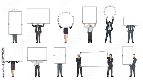 Collection of professional business men and women holding various blank white signs, placards, and boards for custom messaging.