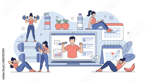 Comprehensive healthy lifestyle infographic featuring people exercising with weights, eating fruit, and tracking fitness on a laptop.