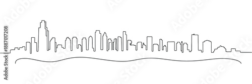 modern city scape continuous one line vector drawing, metropolis architecture panoramic landscape, new york skyscrapers hand-drawn silhouette, apartment buildings, urban skyline, and minimal line art.