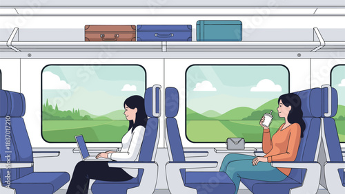 Two women traveling on a modern train, one working on a laptop and the other enjoying a drink while looking at the landscape.