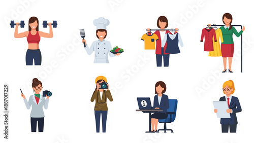 Diverse set of female characters representing various professions and hobbies including athlete, chef, stylist, and photographer.