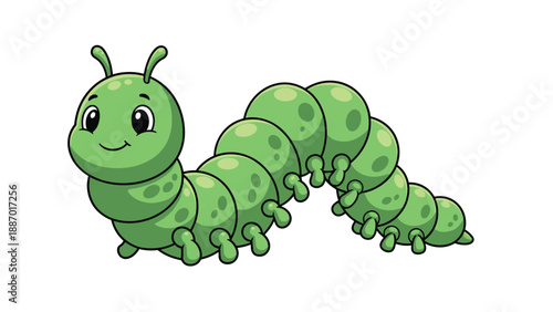Happy green cartoon caterpillar with a friendly smile and multiple legs crawling along a clean white background.