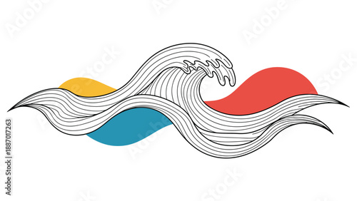 Artistic and stylized illustration of powerful ocean waves with black line work and colorful abstract shapes in the background.