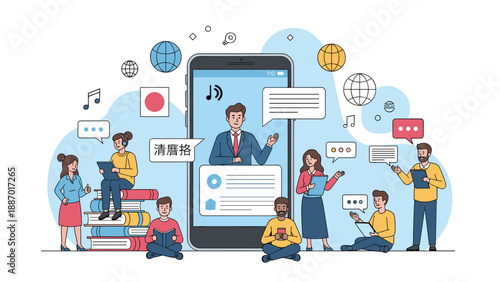 Diverse group of people using a giant smartphone to participate in an online language learning class with a professional teacher.