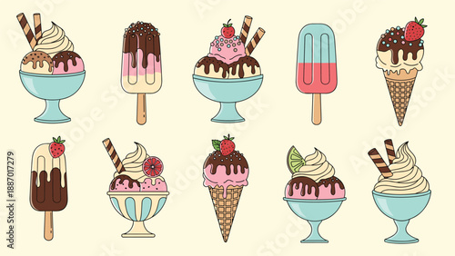 Delicious collection of various ice cream treats including sundaes in bowls, cones, and popsicles with chocolate and fruit toppings.