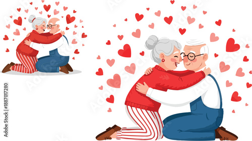 Sweet elderly couple embracing warmly surrounded by floating red and pink hearts symbolizing enduring love on transparent background