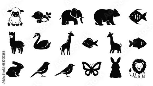 Large set of animal and bird silhouette icons in black and white including an elephant, lion, swan, and butterfly for logos.