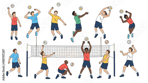 Large group of diverse male and female athletes playing volleyball in various action poses like serving, spiking, and blocking.