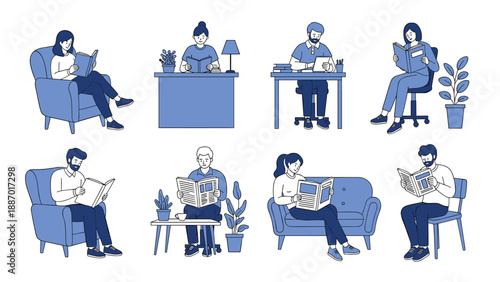Collection of people in various settings reading books, newspapers, and digital tablets while sitting on sofas or at desks.