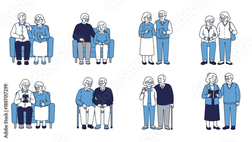 Set of active and happy elderly couples engaged in various activities like sitting together, walking, and reading books.