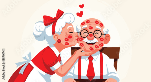 Adorable illustration depicts an elderly woman showering her smiling husband with many sweet red lipstick kisses on transparent background