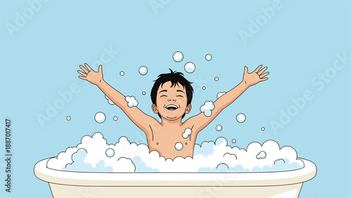 Joyful young boy laughing and playing with soap bubbles while taking a bath in a large tub against a soft blue background.
